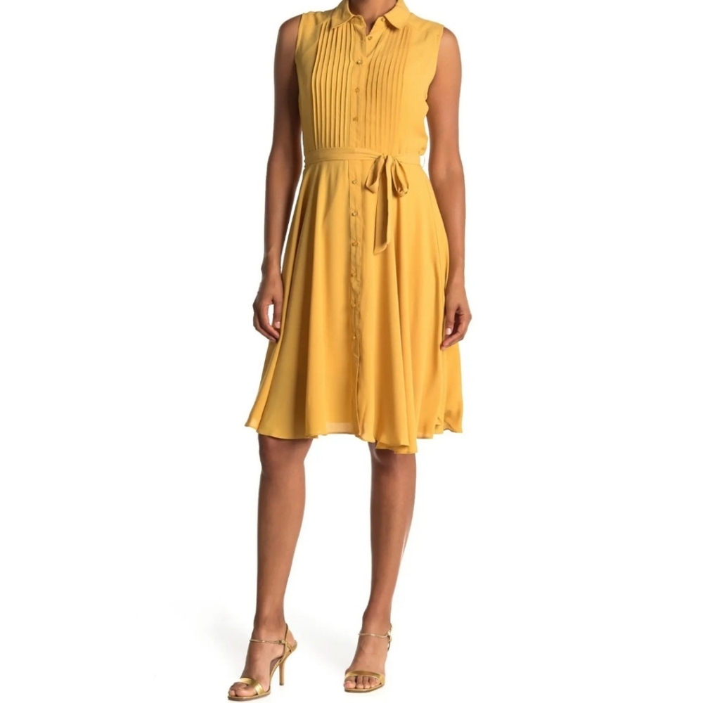 Nanette Lepore New Yellow Sleeveless Gold Midi Dress with Belt Women's SZ 10 NWT
